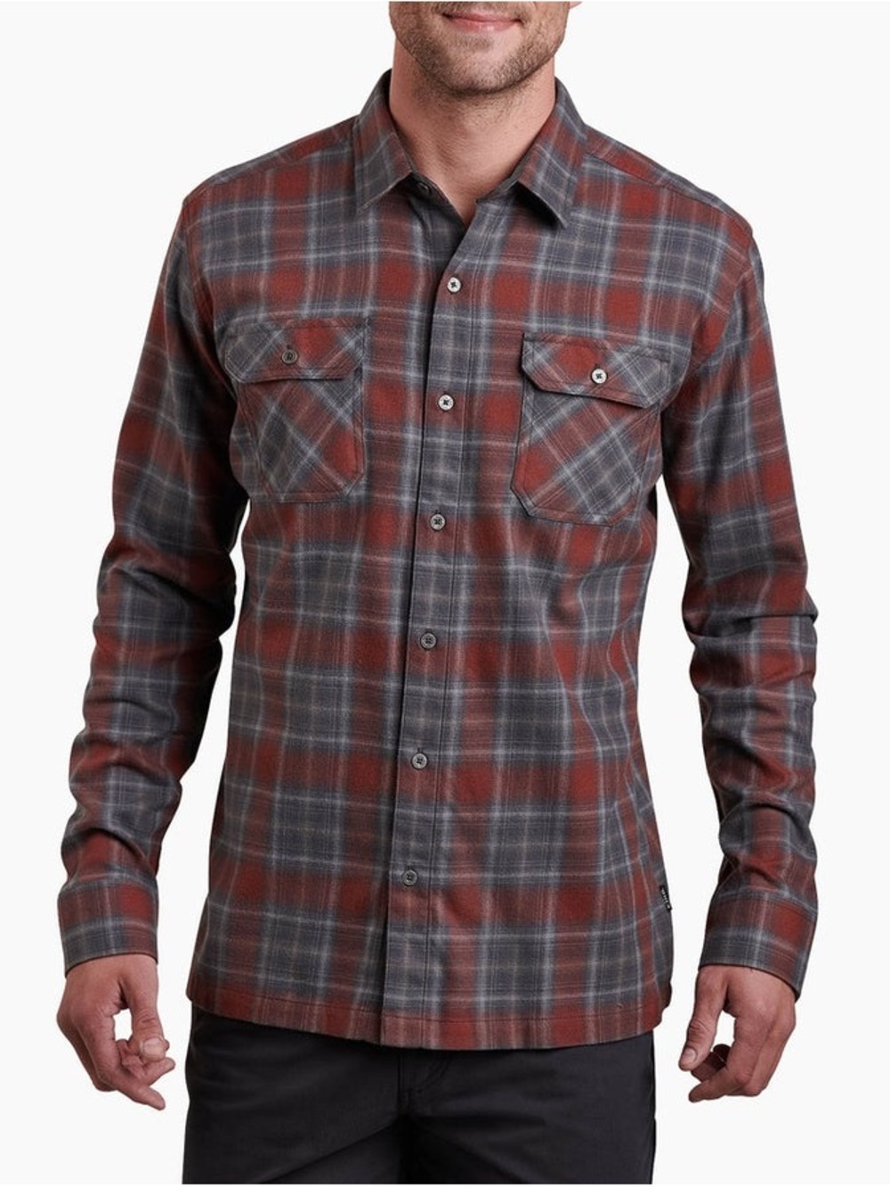 KÜHL Dillingr Long Sleeve Flannel Shirt Red Charcoal Plaid Button Down Size L